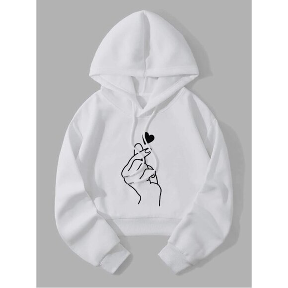SHEIN Sweaters - SHEIN EZwear Gesture & Heart Print Drop Shoulder Drawstring Thermal Hoodie